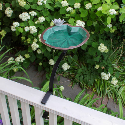ACHLA Lilypad 18in Rail-Mounted Birdbath | Antique Copper Plated Brass and Wrought Iron | Deck, Porch & Balcony Garden Decor | Model BB-10-RM