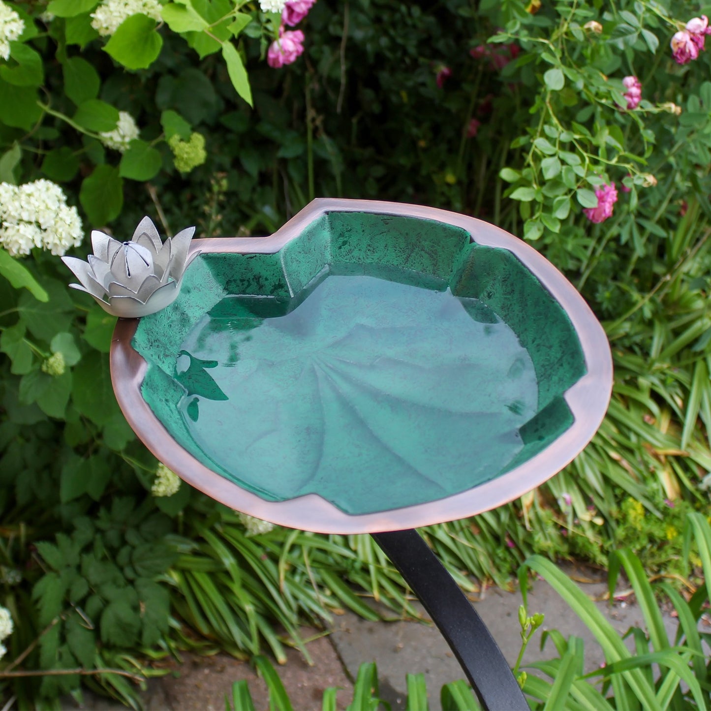 ACHLA Lilypad 18in Rail-Mounted Birdbath | Antique Copper Plated Brass and Wrought Iron | Deck, Porch & Balcony Garden Decor | Model BB-10-RM