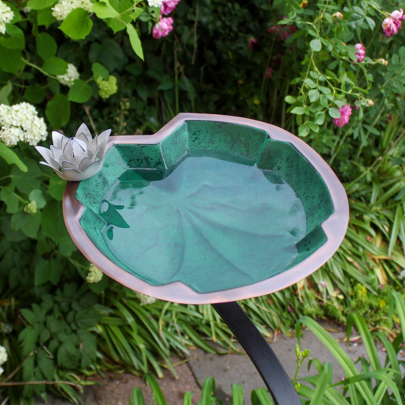 ACHLA Lilypad 18in Rail-Mounted Birdbath | Antique Copper Plated Brass and Wrought Iron | Deck, Porch & Balcony Garden Decor | Model BB-10-RM