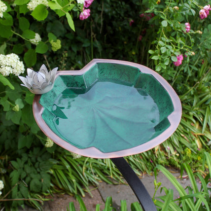 ACHLA Lilypad 18in Rail-Mounted Birdbath | Antique Copper Plated Brass and Wrought Iron | Deck, Porch & Balcony Garden Decor | Model BB-10-RM