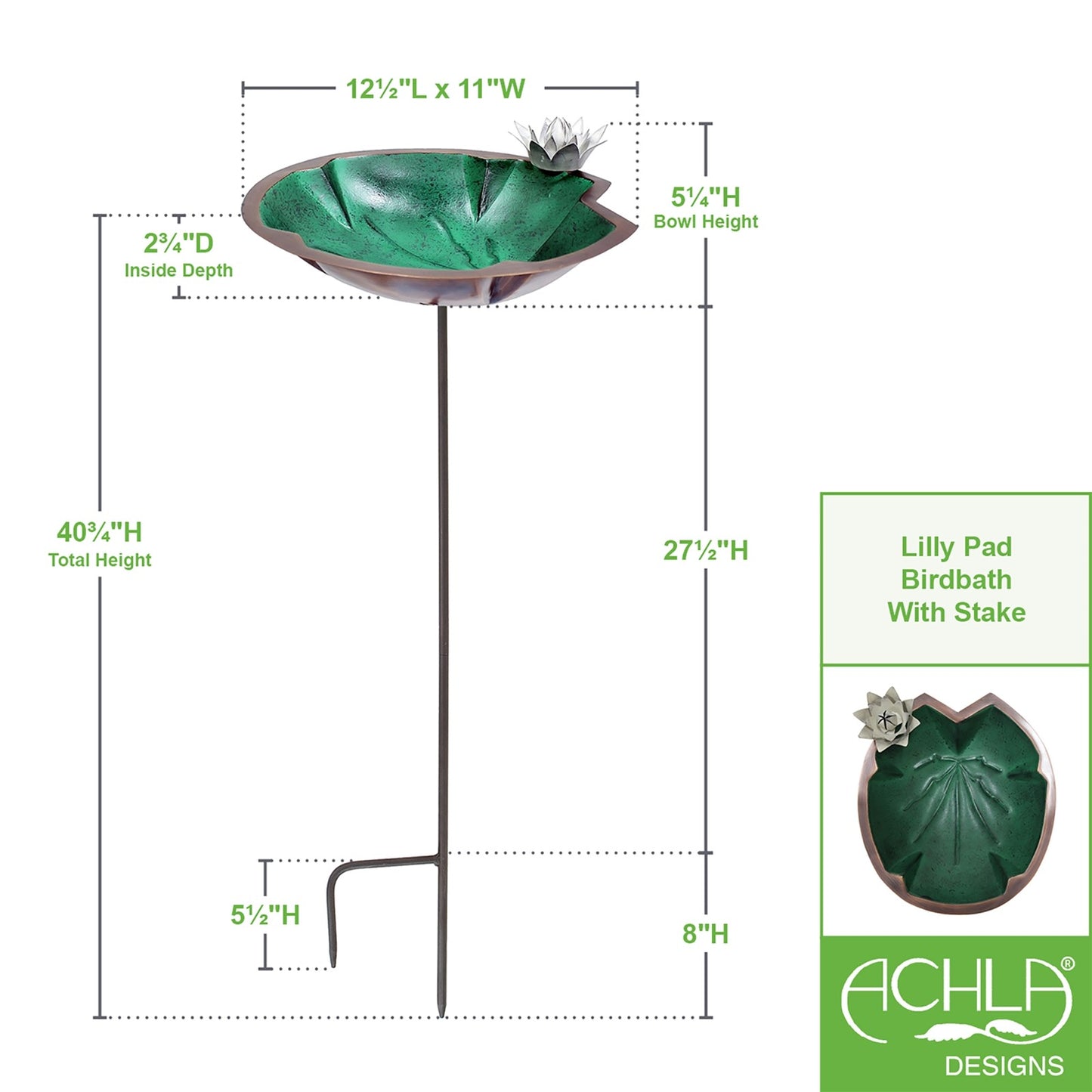 ACHLA Lilypad Birdbath with Stake | Antique Copper Plated and Patina Stainless Steel | Backyard & Garden Water Feature | Model BB-10-S