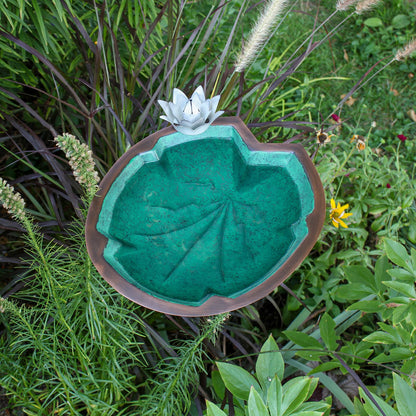 ACHLA Lilypad Birdbath with Stake | Antique Copper Plated and Patina Stainless Steel | Backyard & Garden Water Feature | Model BB-10-S