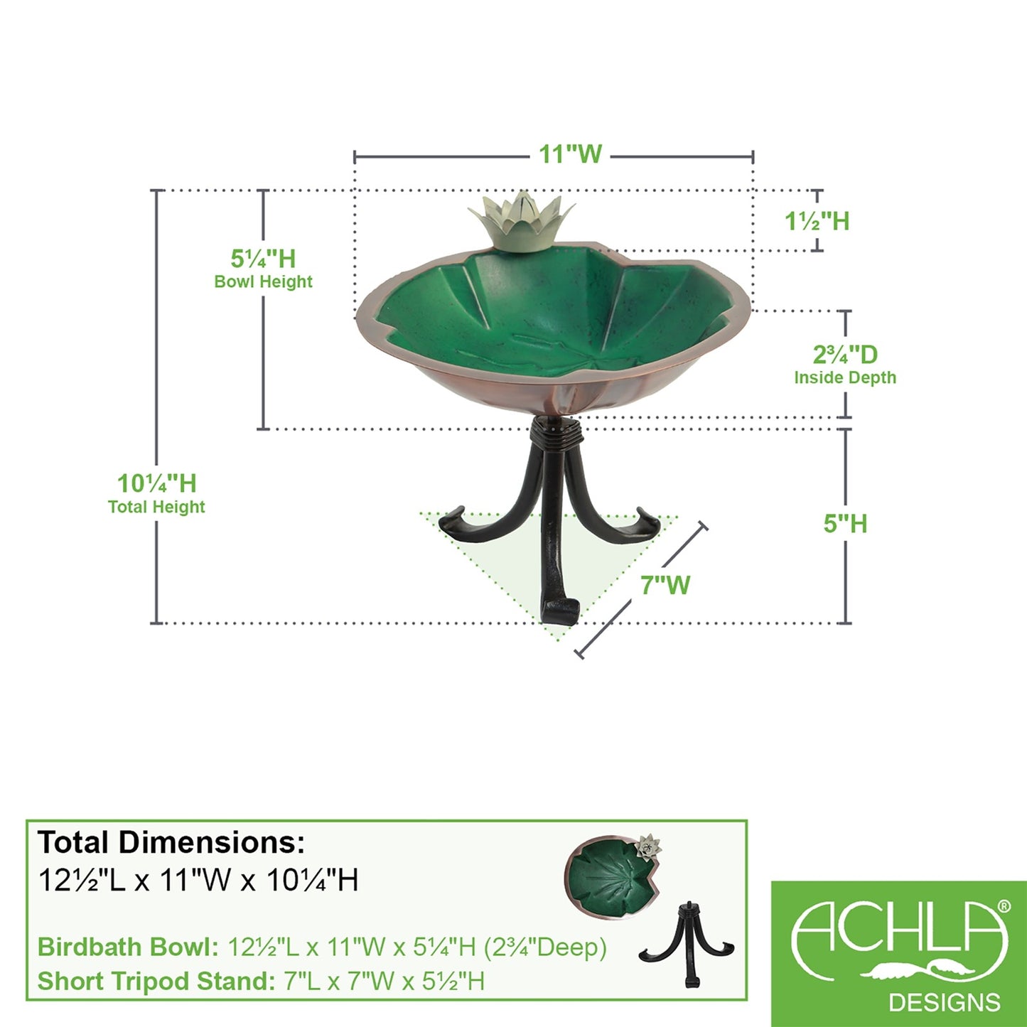 ACHLA Lilypad Birdbath with Tripod Stand | Antique Copper Plated Brass and Wrought Iron | Garden & Patio Accent | 12 x 11 x 10 in | Model BB-10-TR