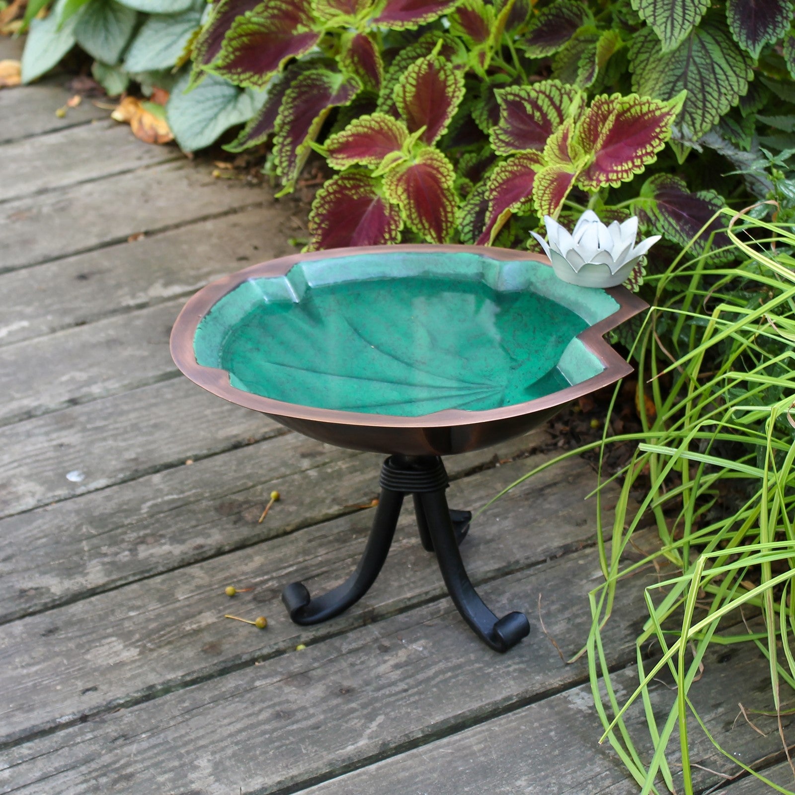 ACHLA Lilypad Birdbath with Tripod Stand | Antique Copper Plated Brass and Wrought Iron | Garden & Patio Accent | 12 x 11 x 10 in | Model BB-10-TR