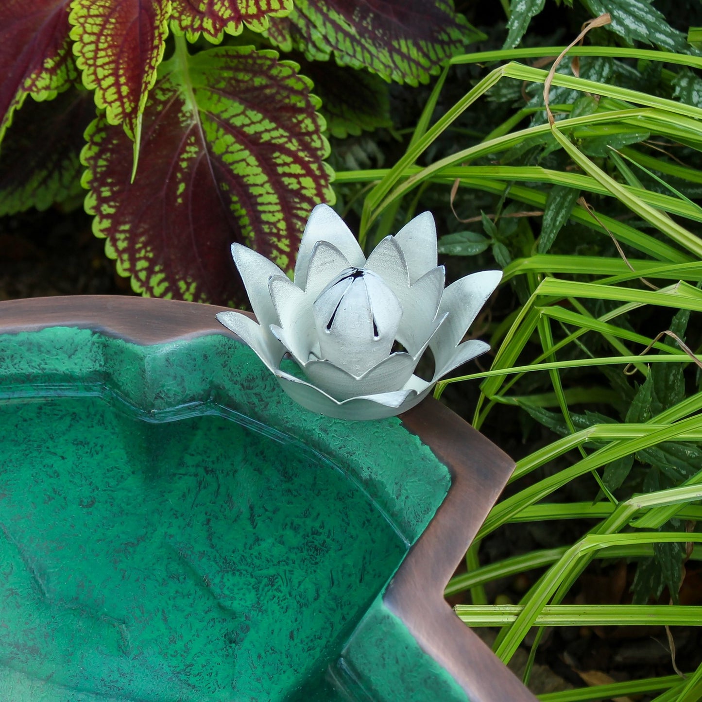 ACHLA Lilypad Birdbath with Tripod Stand | Antique Copper Plated Brass and Wrought Iron | Garden & Patio Accent | 12 x 11 x 10 in | Model BB-10-TR