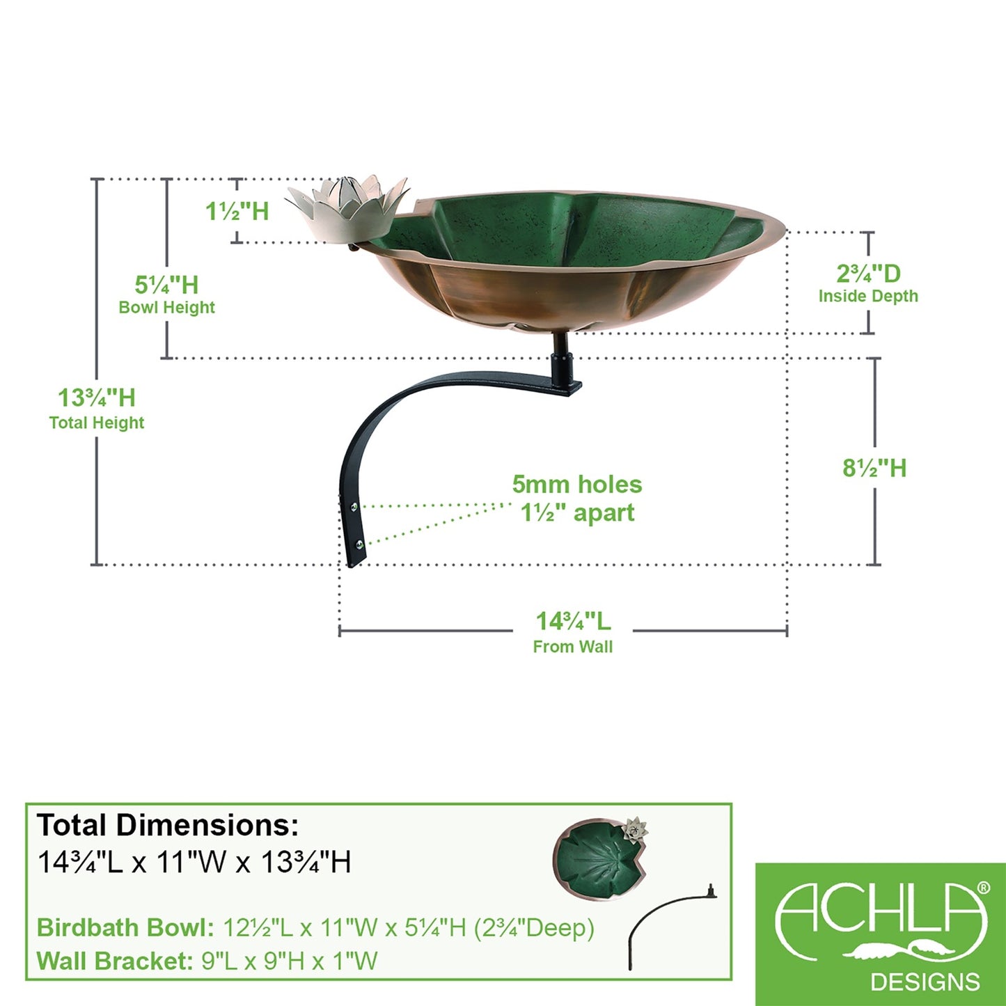 ACHLA Lilypad 14in Wall-Mounted Birdbath | Antique Copper and Patina Brass Bowl on Black Wrought Iron Bracket | Patio & Garden | Model BB-10-WM