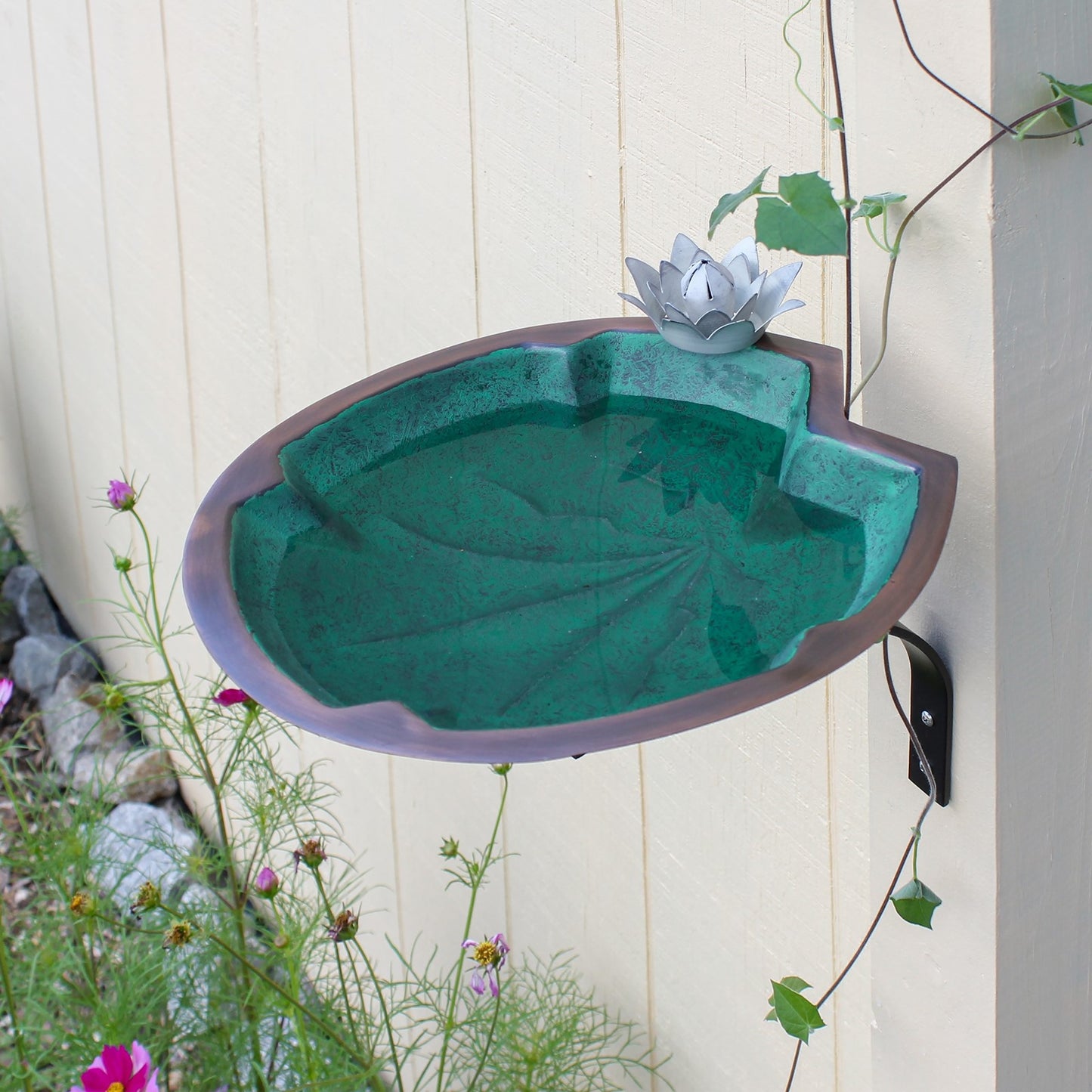 ACHLA Lilypad 14in Wall-Mounted Birdbath | Antique Copper and Patina Brass Bowl on Black Wrought Iron Bracket | Patio & Garden | Model BB-10-WM