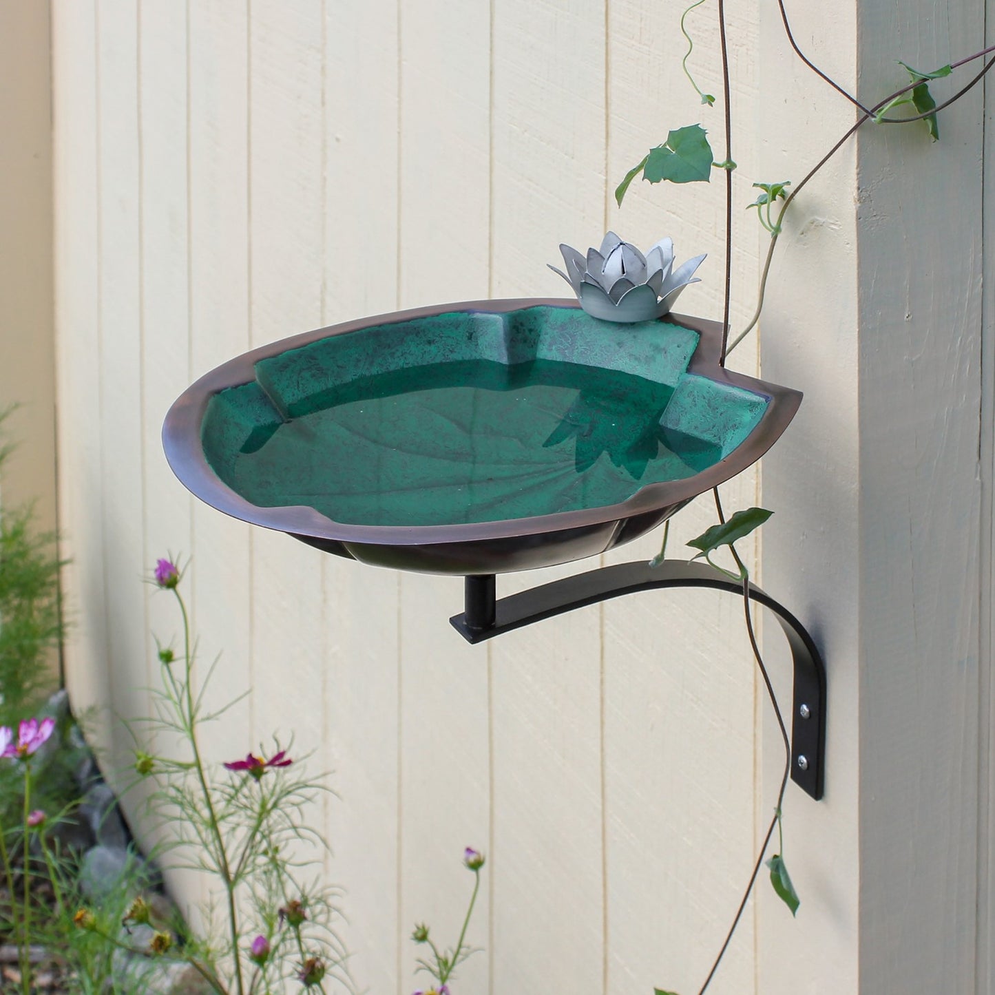 ACHLA Lilypad 14in Wall-Mounted Birdbath | Antique Copper and Patina Brass Bowl on Black Wrought Iron Bracket | Patio & Garden | Model BB-10-WM