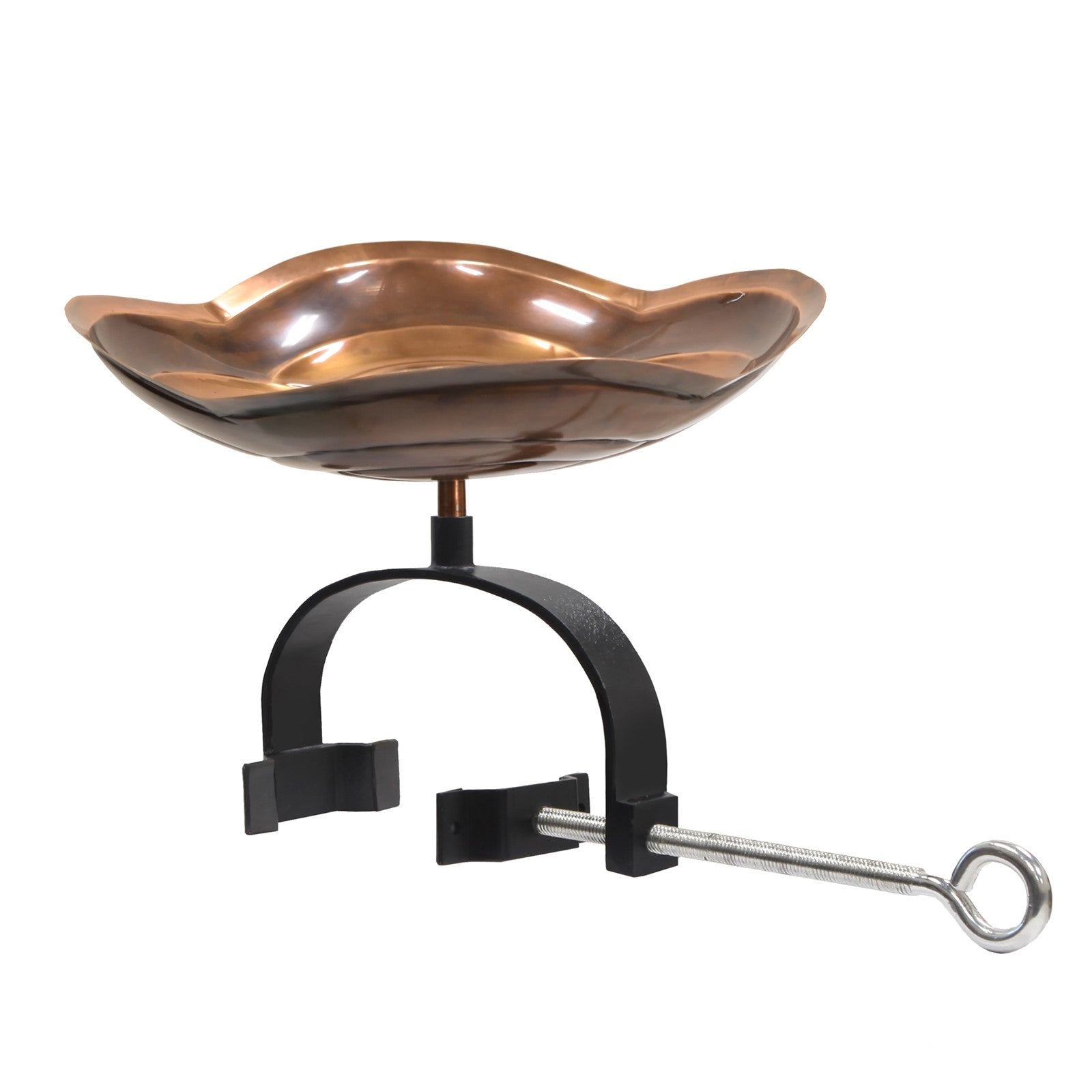 ACHLA Dara Knot Birdbath Over Rail Bracket | Celtic Love Knot Copper Bowl on Black Wrought Iron | Deck & Balcony Bird Bath | Model BB-11-OR2