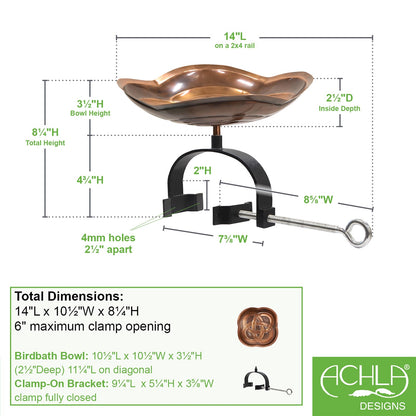 ACHLA Dara Knot Birdbath Over Rail Bracket | Celtic Love Knot Copper Bowl on Black Wrought Iron | Deck & Balcony Bird Bath | Model BB-11-OR2