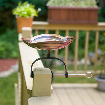 ACHLA Dara Knot Birdbath Over Rail Bracket | Celtic Love Knot Copper Bowl on Black Wrought Iron | Deck & Balcony Bird Bath | Model BB-11-OR2