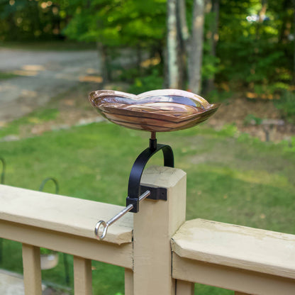 ACHLA Dara Knot Birdbath Over Rail Bracket | Celtic Love Knot Copper Bowl on Black Wrought Iron | Deck & Balcony Bird Bath | Model BB-11-OR2