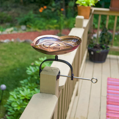 ACHLA Dara Knot Birdbath Over Rail Bracket | Celtic Love Knot Copper Bowl on Black Wrought Iron | Deck & Balcony Bird Bath | Model BB-11-OR2