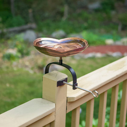 ACHLA Dara Knot Birdbath Over Rail Bracket | Celtic Love Knot Copper Bowl on Black Wrought Iron | Deck & Balcony Bird Bath | Model BB-11-OR2