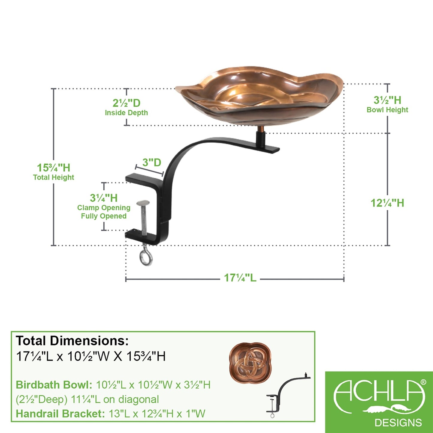 ACHLA Dara Knot Birdbath with Rail Mount Bracket | Celtic Love Knot Design Antique Copper Brass and Black Wrought Iron | Deck | Model BB-11-RM