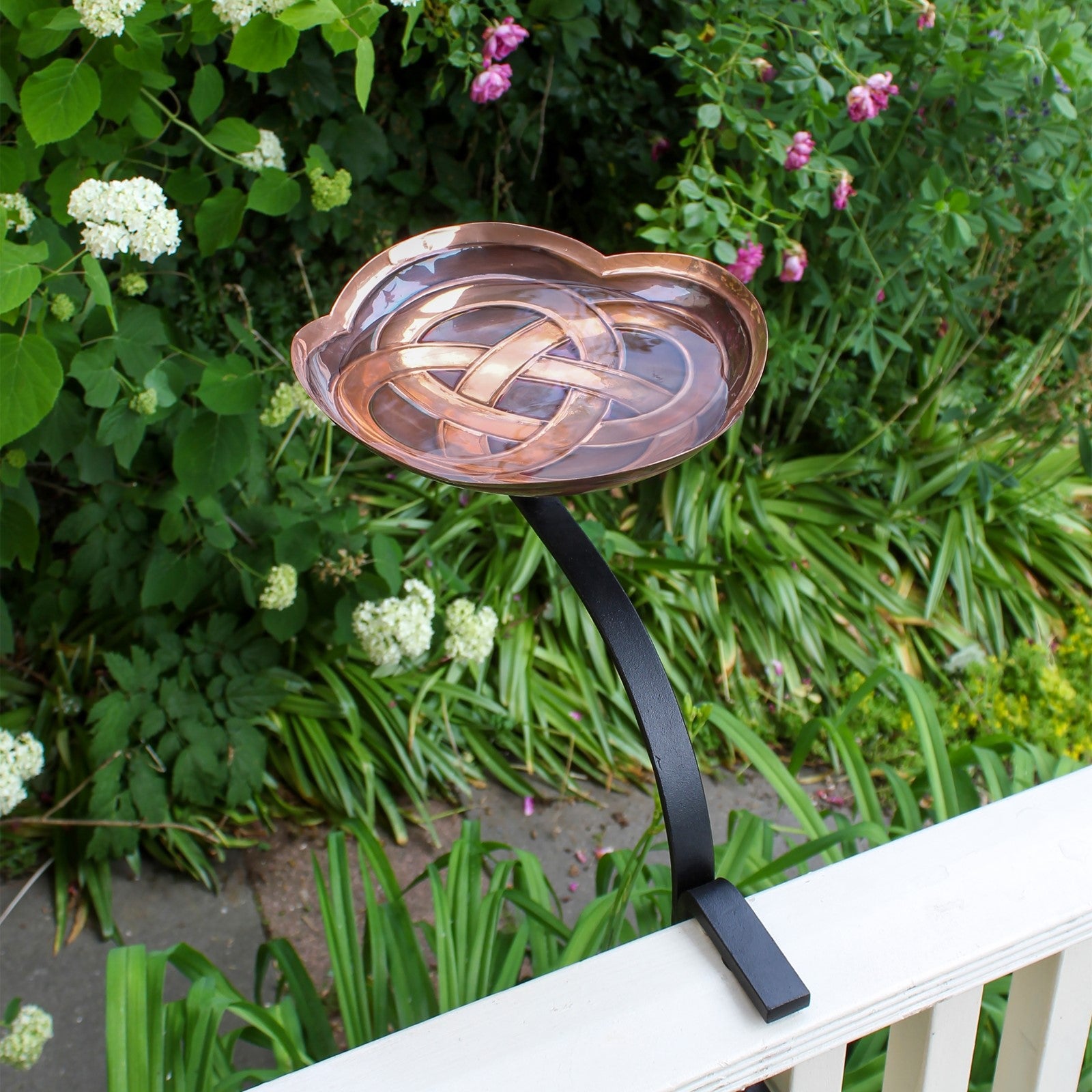 ACHLA Dara Knot Birdbath with Rail Mount Bracket | Celtic Love Knot Design Antique Copper Brass and Black Wrought Iron | Deck | Model BB-11-RM