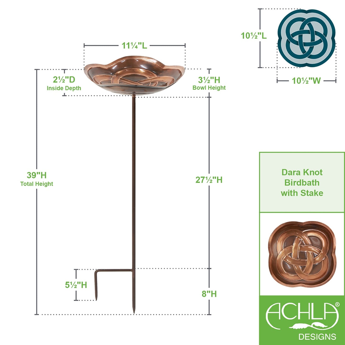 ACHLA Dara Knot Staked Birdbath | Antique Copper Brass and Wrought Iron | Garden & Patio Bird Bath | 10.5 x 11.75 x 39 in | Model BB-11-S