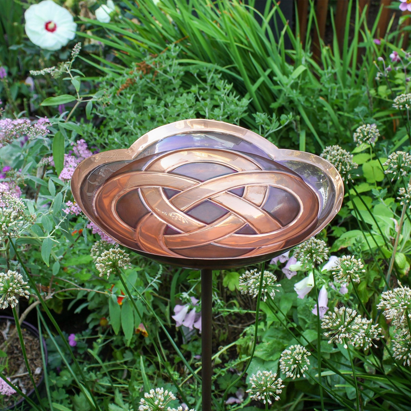 ACHLA Dara Knot Staked Birdbath | Antique Copper Brass and Wrought Iron | Garden & Patio Bird Bath | 10.5 x 11.75 x 39 in | Model BB-11-S