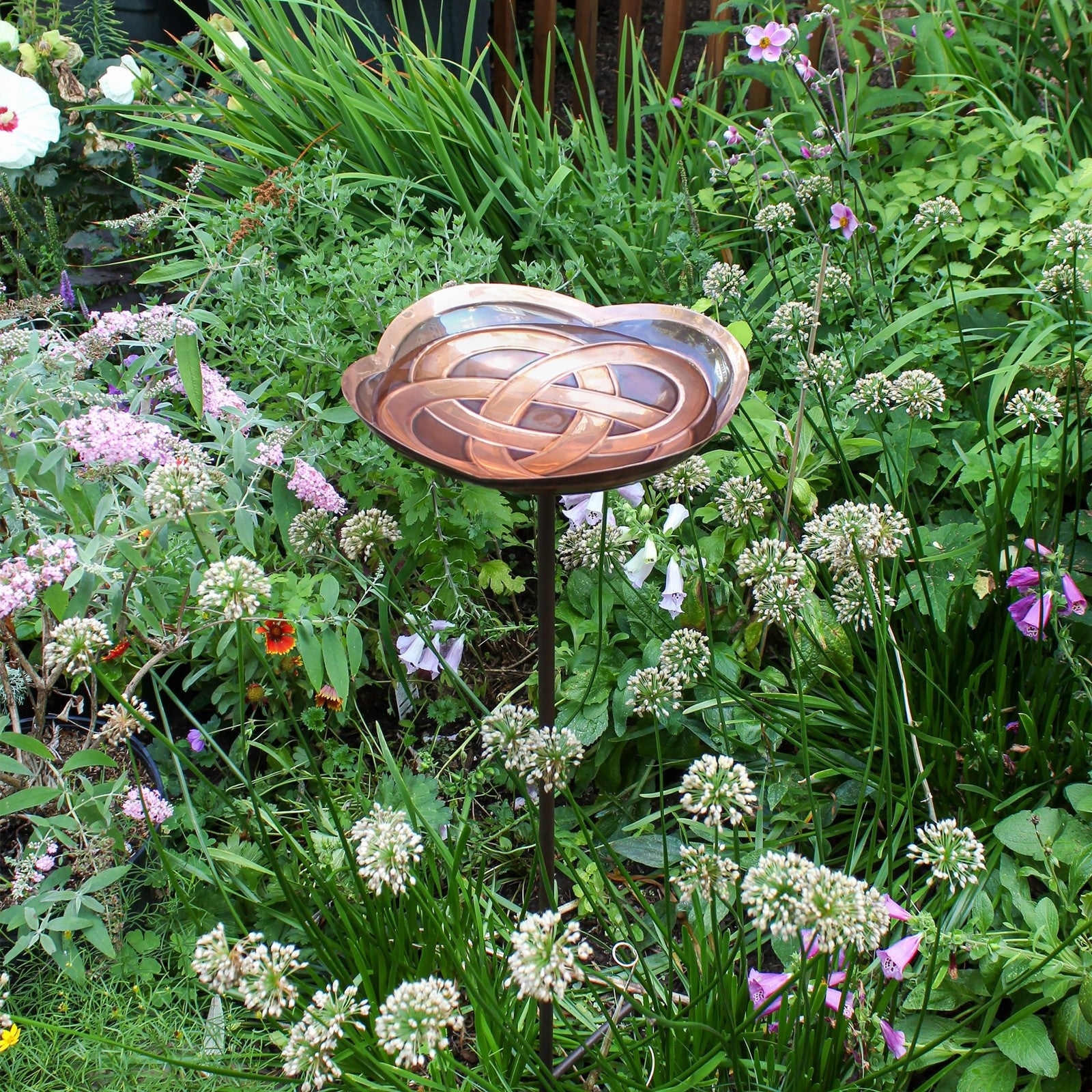 ACHLA Dara Knot Staked Birdbath | Antique Copper Brass and Wrought Iron | Garden & Patio Bird Bath | 10.5 x 11.75 x 39 in | Model BB-11-S
