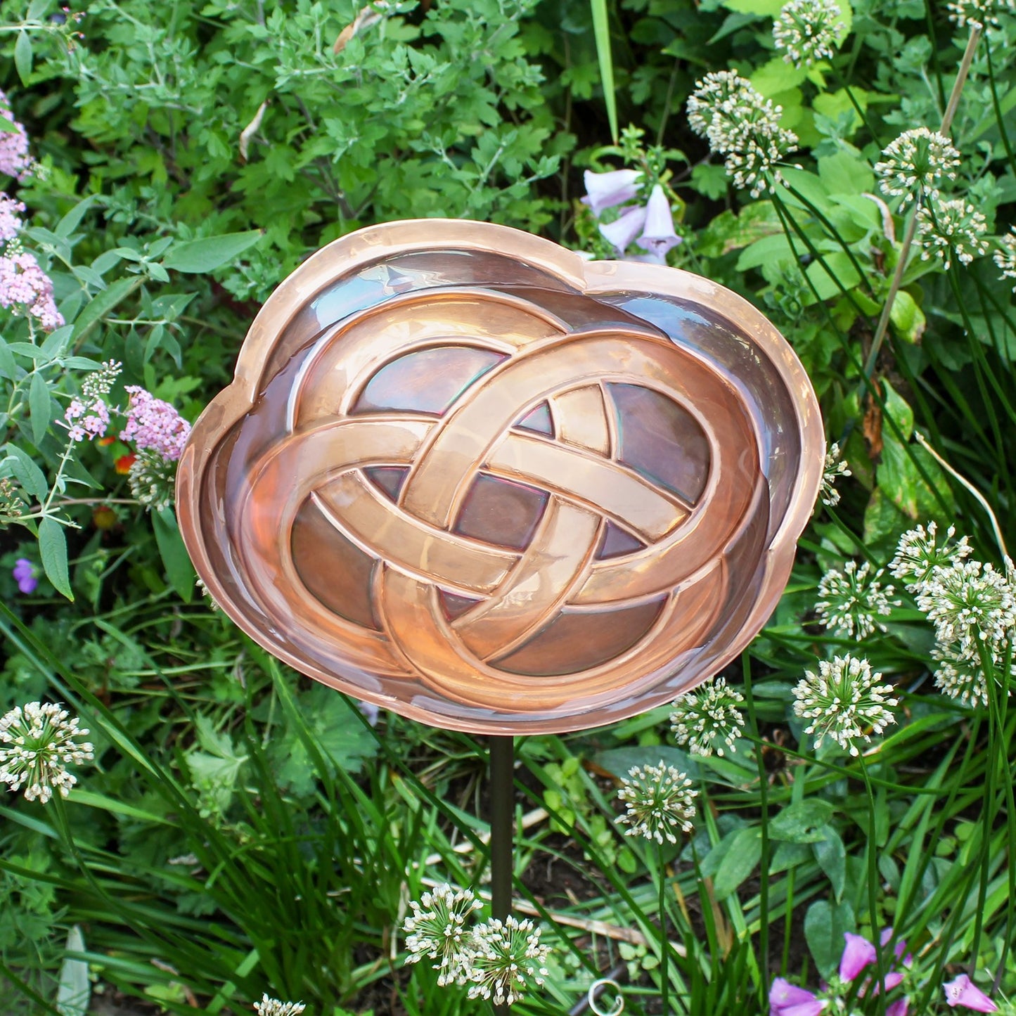 ACHLA Dara Knot Staked Birdbath | Antique Copper Brass and Wrought Iron | Garden & Patio Bird Bath | 10.5 x 11.75 x 39 in | Model BB-11-S