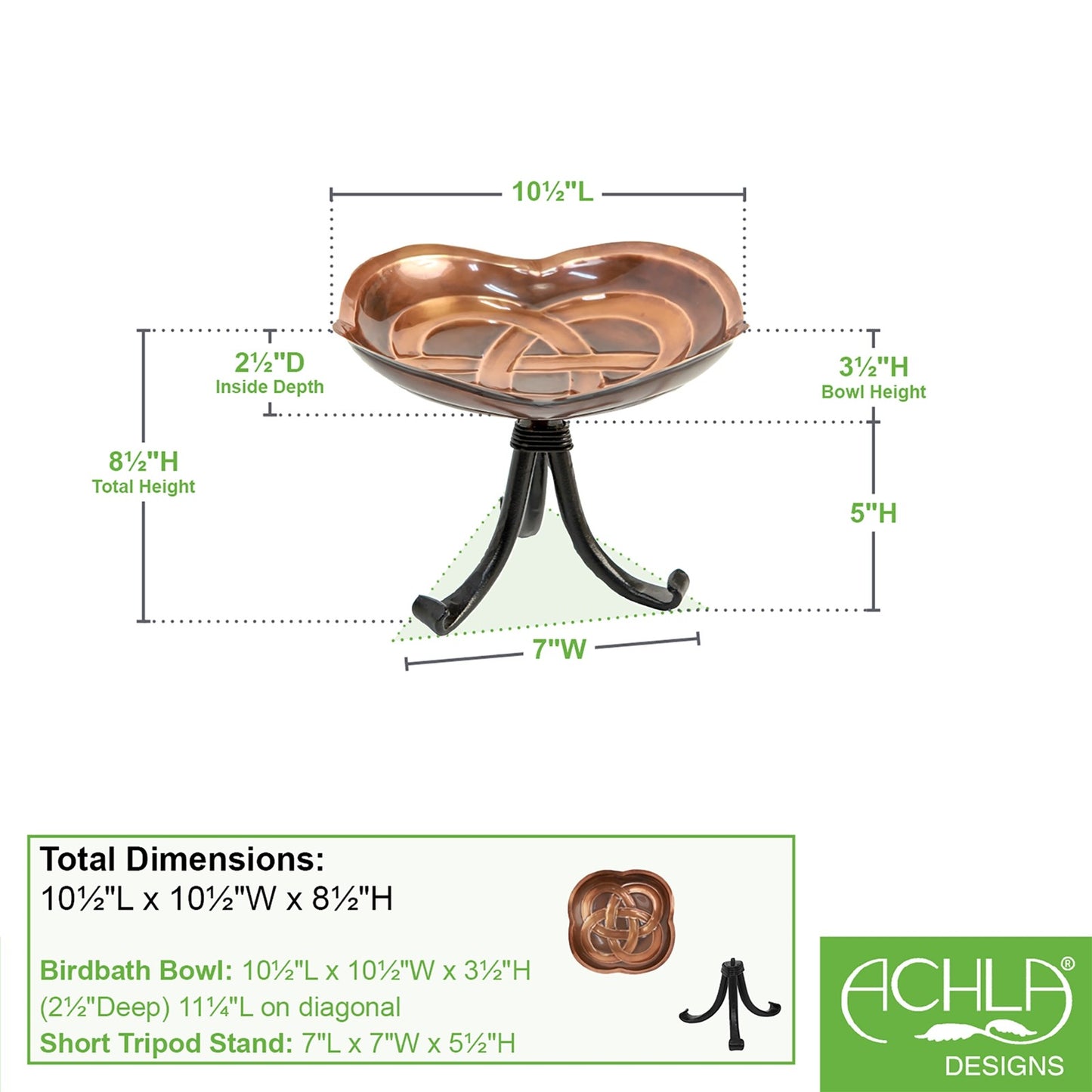 ACHLA Dara Knot Birdbath with Tripod Stand | Celtic Love Knot Copper-Plated Brass and Wrought Iron | Garden & Patio Bird Bath | Model BB-11-TR