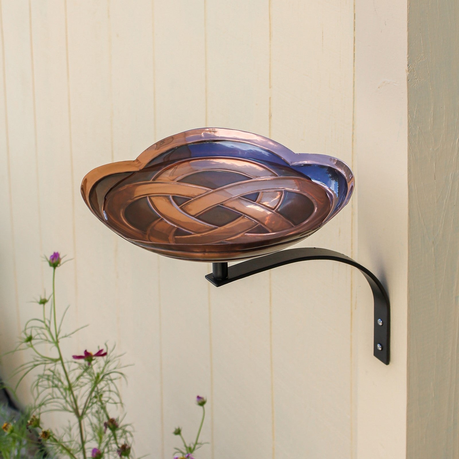 ACHLA Dara Knot Birdbath with Wall Bracket | Antique Copper Brass and Black Wrought Iron | Garden & Patio Bird Bath | 10 x 14 x 12 in | Model BB-11-WM