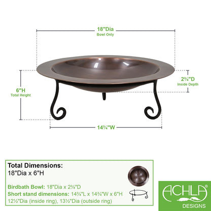 ACHLA 18in Classic Copper Birdbath | Antique Copper Brass Bowl on Black Wrought Iron Stand | Garden & Patio Bird Bath | Model BB-12-S2