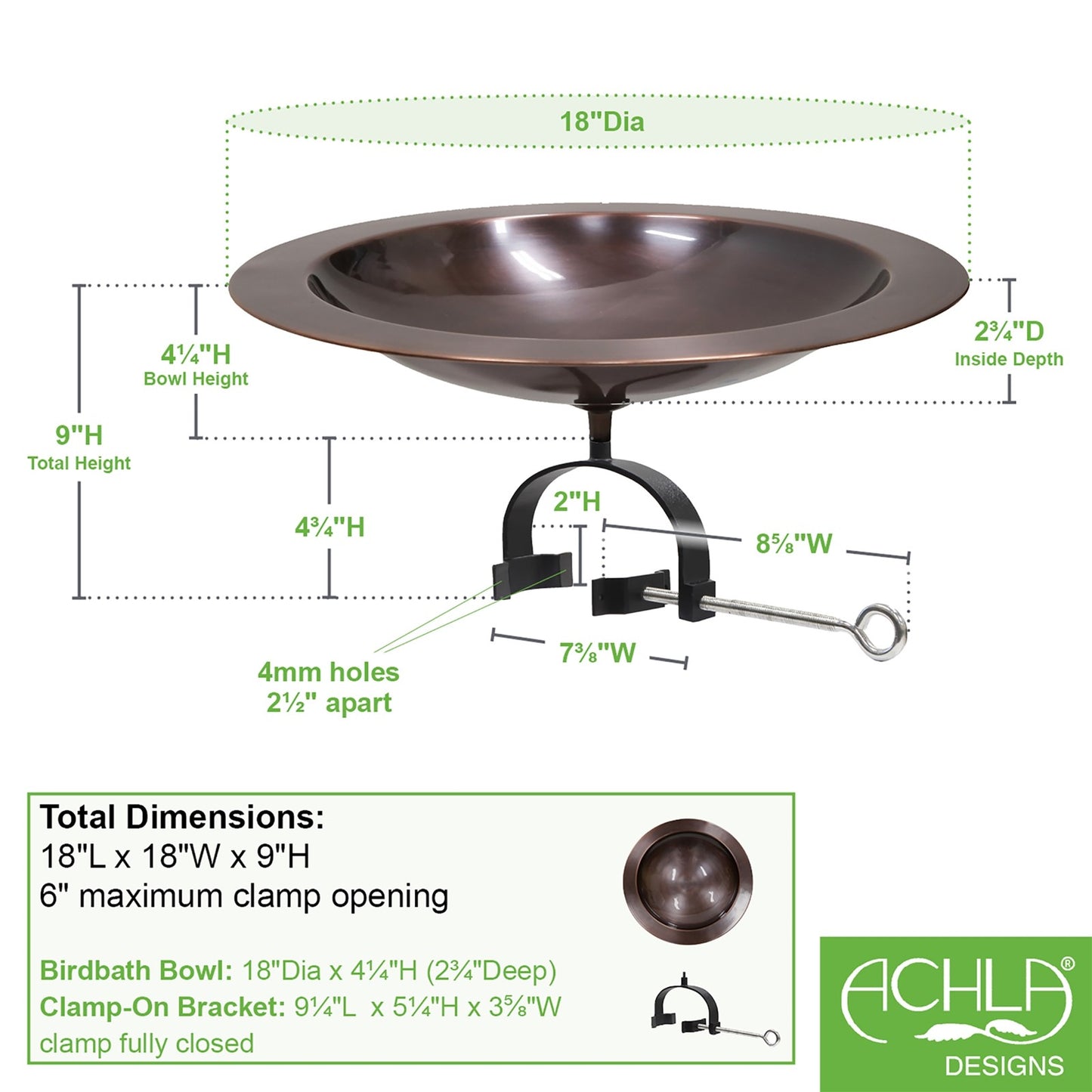 ACHLA 18in Classic Copper Birdbath | Antique Copper Brass Bowl with Black Wrought Iron Over-Rail Bracket | Garden & Patio Accent | Model BB-12T-OR2