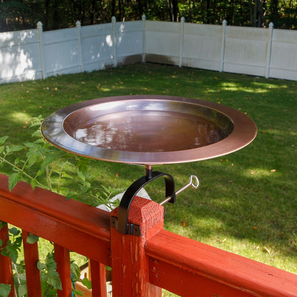 ACHLA 18in Classic Copper Birdbath | Antique Copper Brass Bowl with Black Wrought Iron Over-Rail Bracket | Garden & Patio Accent | Model BB-12T-OR2