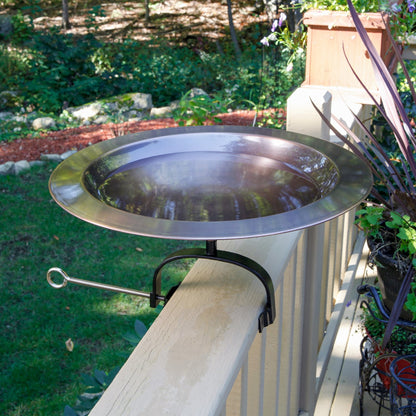 ACHLA 18in Classic Copper Birdbath | Antique Copper Brass Bowl with Black Wrought Iron Over-Rail Bracket | Garden & Patio Accent | Model BB-12T-OR2