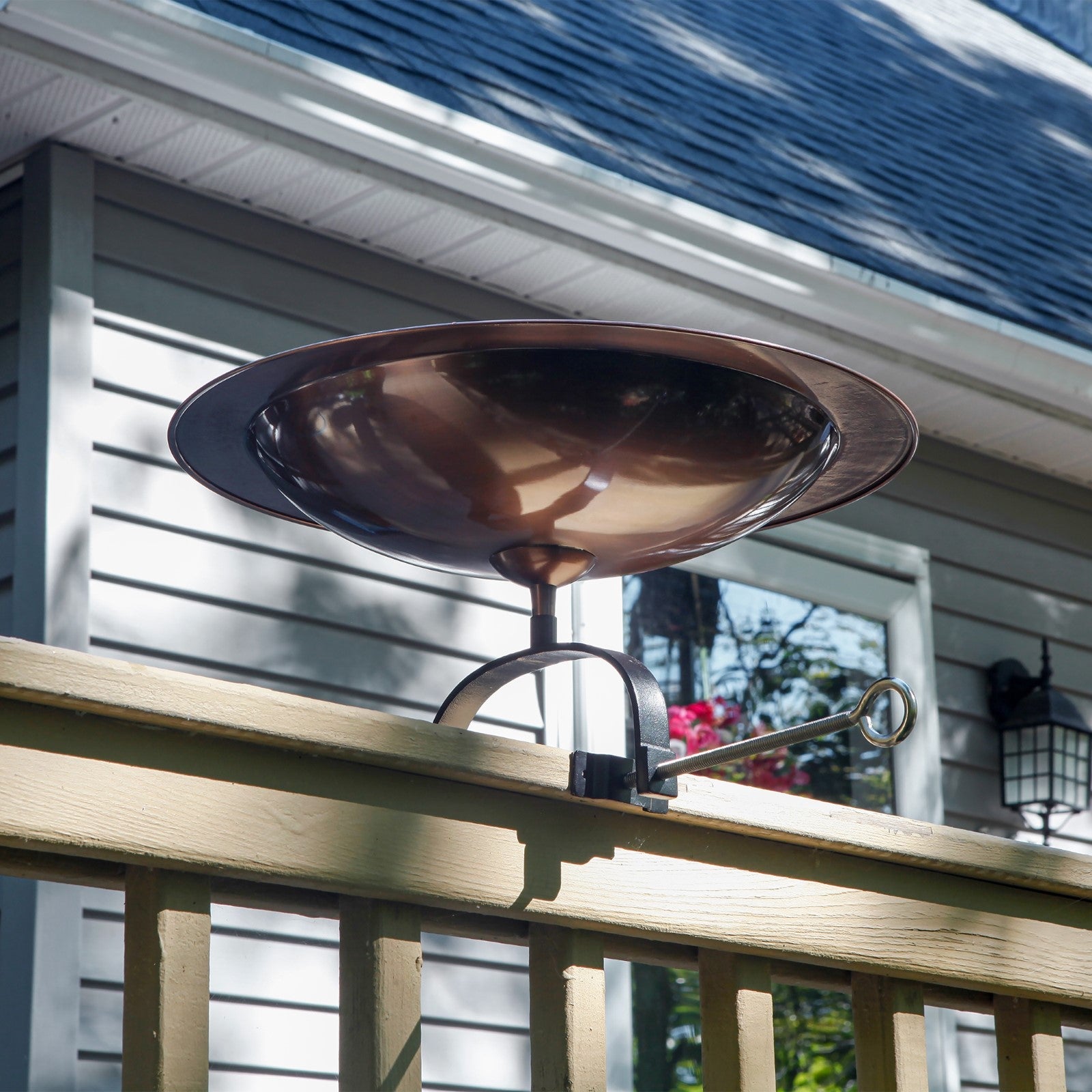 ACHLA 18in Classic Copper Birdbath | Antique Copper Brass Bowl with Black Wrought Iron Over-Rail Bracket | Garden & Patio Accent | Model BB-12T-OR2