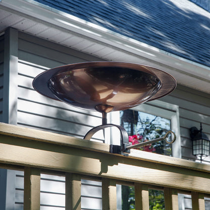 ACHLA 18in Classic Copper Birdbath | Antique Copper Brass Bowl with Black Wrought Iron Over-Rail Bracket | Garden & Patio Accent | Model BB-12T-OR2