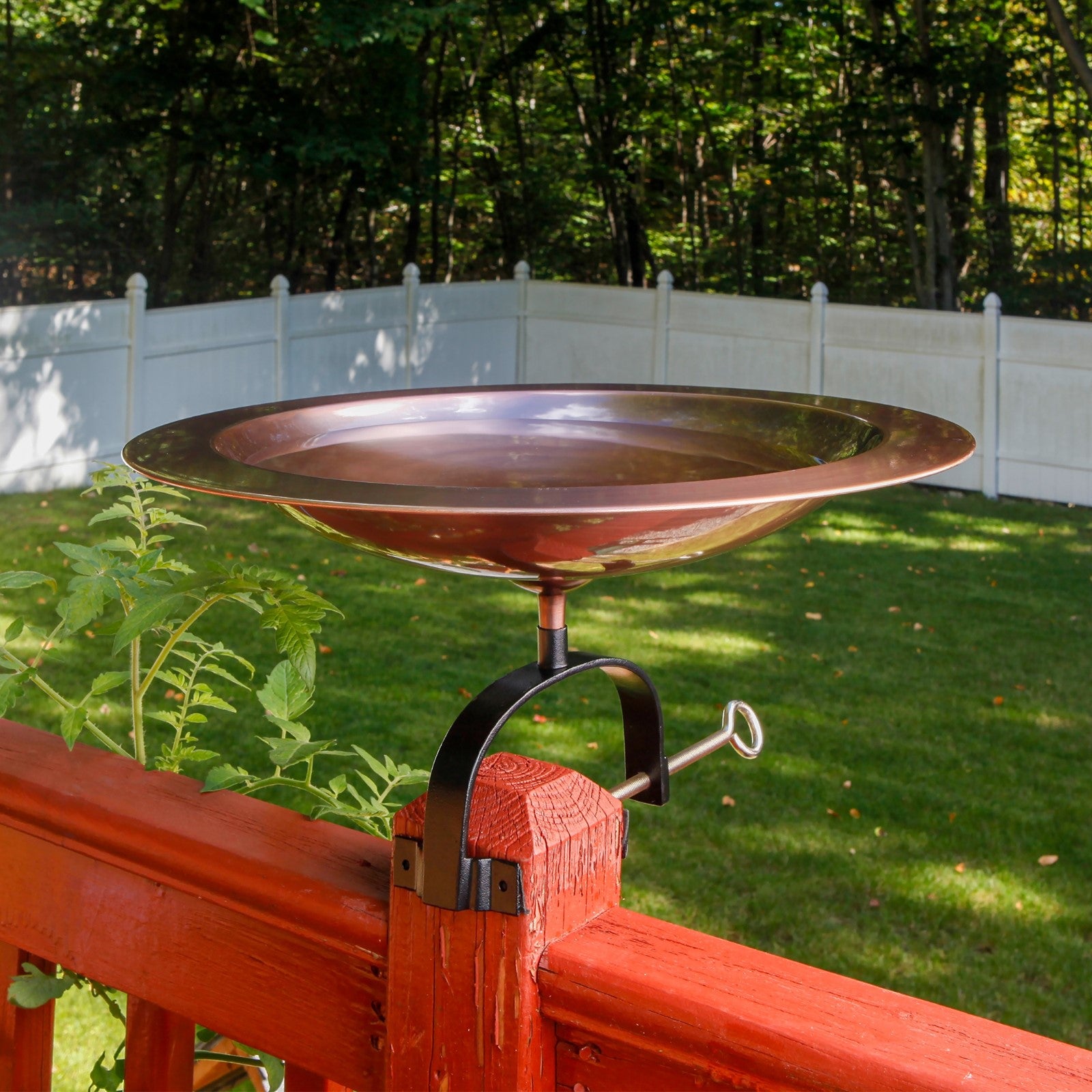 ACHLA 18in Classic Copper Birdbath | Antique Copper Brass Bowl with Black Wrought Iron Over-Rail Bracket | Garden & Patio Accent | Model BB-12T-OR2