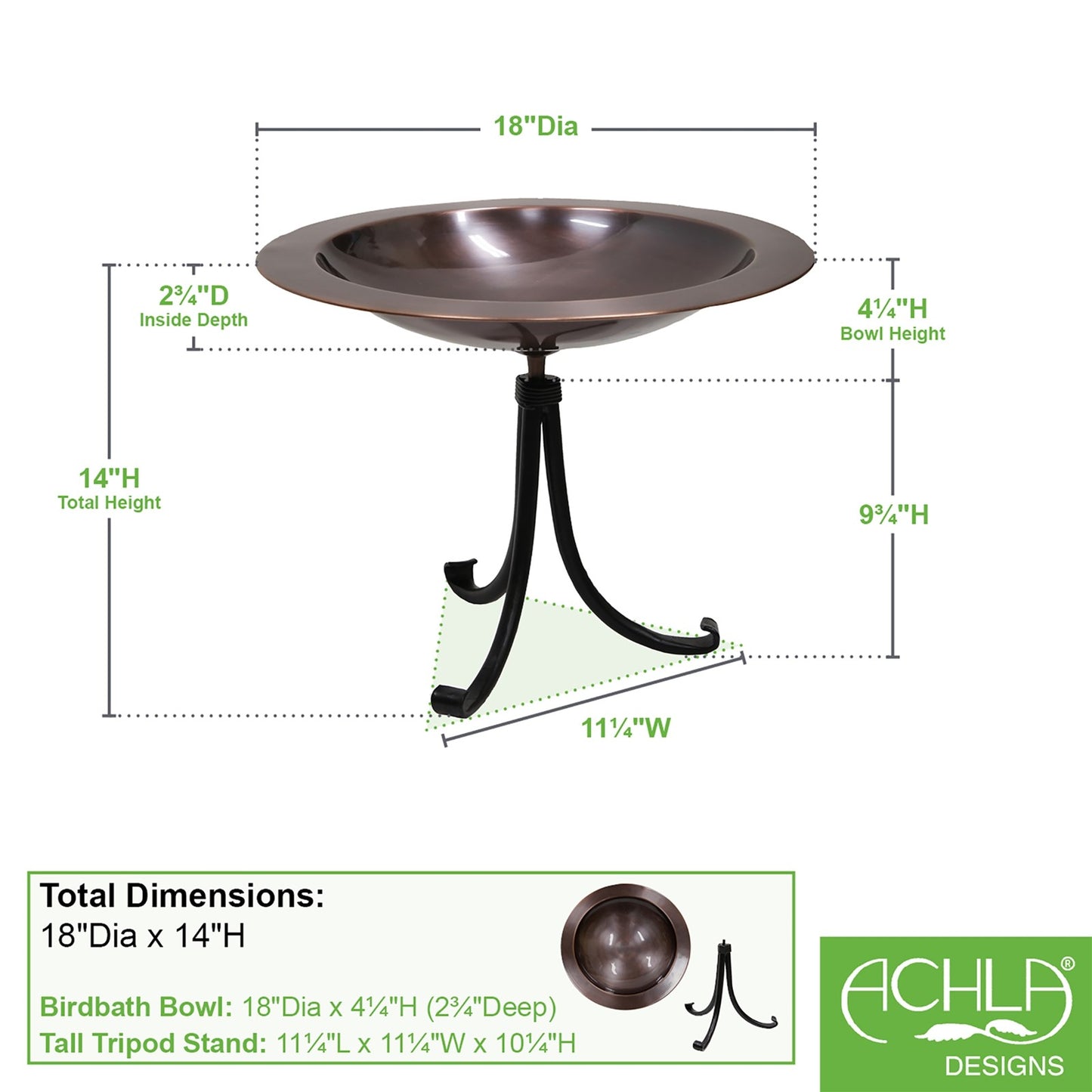 ACHLA 18in Birdbath with Tall Tripod Stand | Antique Copper Brass Bowl and Black Wrought Iron Base | Garden & Patio Accent | Model BB-12T-TR2