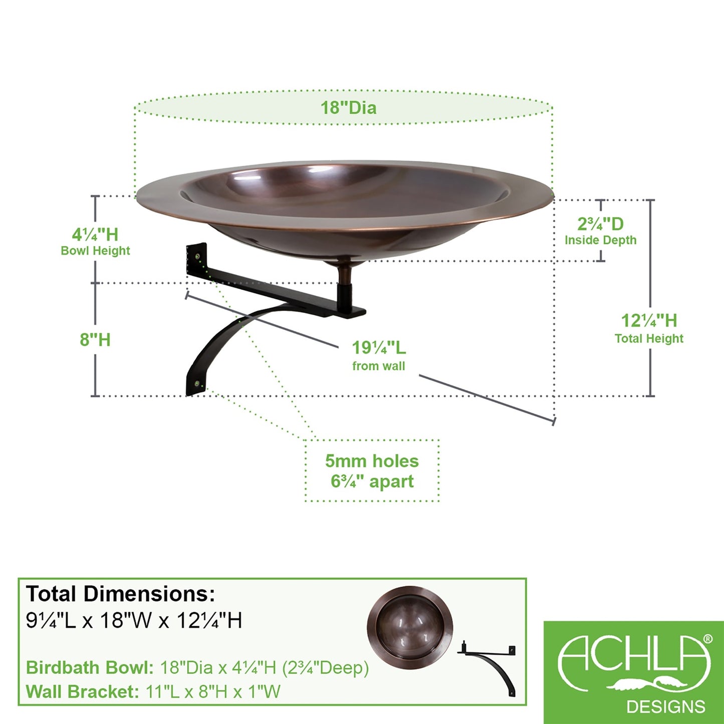 ACHLA 18in Wall-Mounted Birdbath | Antique Copper Brass Bowl and Black Wrought Iron Bracket | Porch & Deck Garden Accent | Model BB-12T-WM2