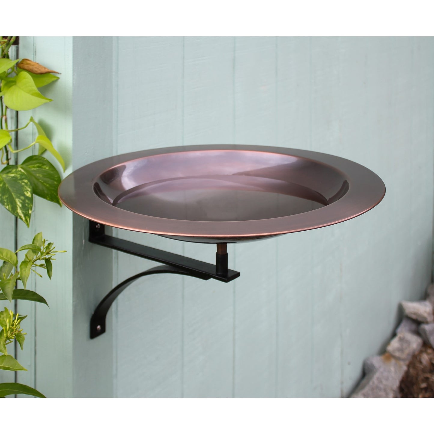 ACHLA 18in Wall-Mounted Birdbath | Antique Copper Brass Bowl and Black Wrought Iron Bracket | Porch & Deck Garden Accent | Model BB-12T-WM2