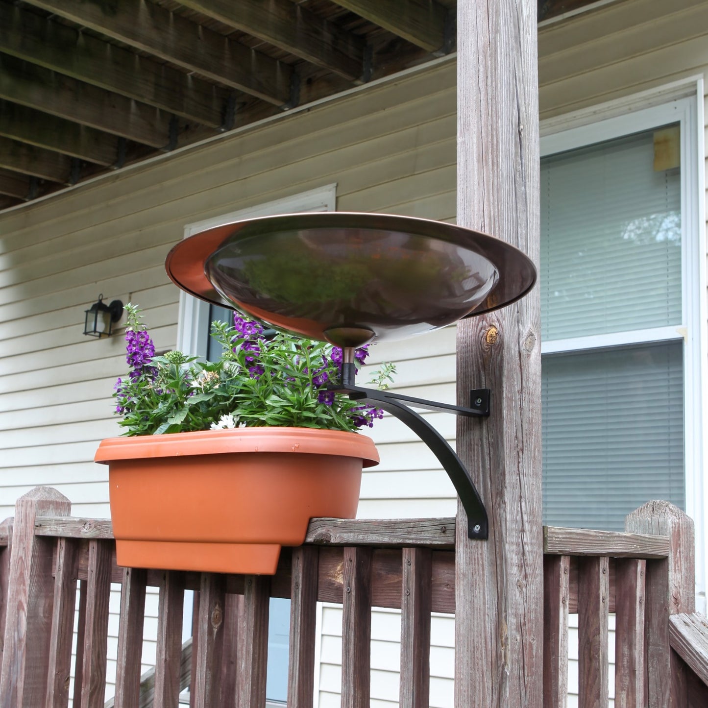 ACHLA 18in Wall-Mounted Birdbath | Antique Copper Brass Bowl and Black Wrought Iron Bracket | Porch & Deck Garden Accent | Model BB-12T-WM2