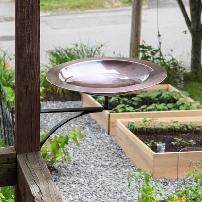 ACHLA 18in Wall-Mounted Birdbath | Antique Copper Brass Bowl and Black Wrought Iron Bracket | Porch & Deck Garden Accent | Model BB-12T-WM2