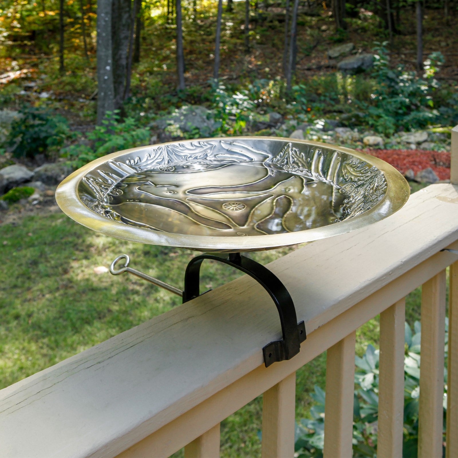 ACHLA Three Hares Birdbath Over Rail Bracket | Antique Brass and Black Wrought Iron | Garden & Patio Accent | 18 x 18 x 8.5 in | Model BB-18-OR2