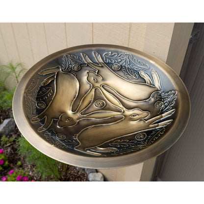 ACHLA Three Hares Birdbath Over Rail Bracket | Antique Brass and Black Wrought Iron | Garden & Patio Accent | 18 x 18 x 8.5 in | Model BB-18-OR2