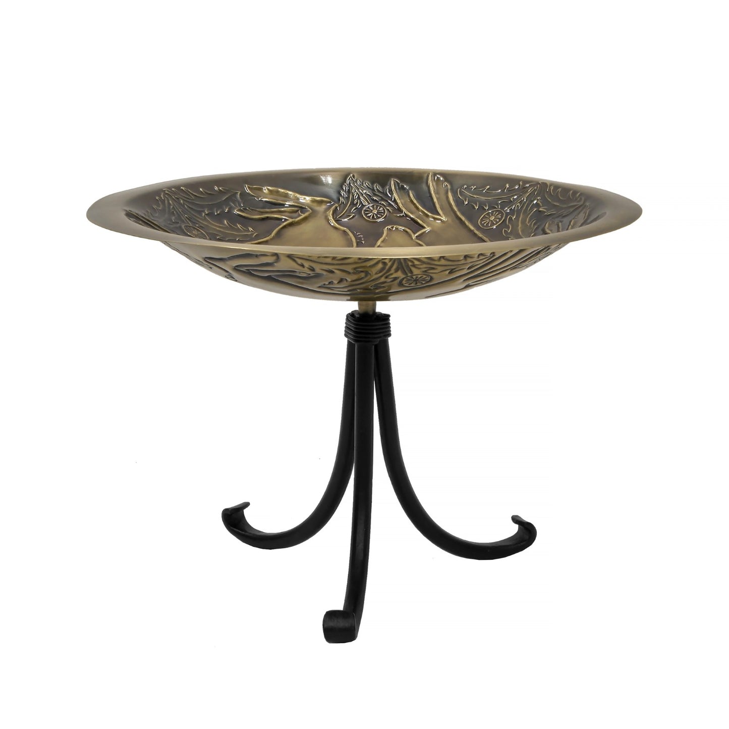 ACHLA Three Hares 18in Birdbath with Tripod Stand | Antique Brass Bowl and Black Wrought Iron Base | Garden & Patio Accent | Model BB-18-TR2