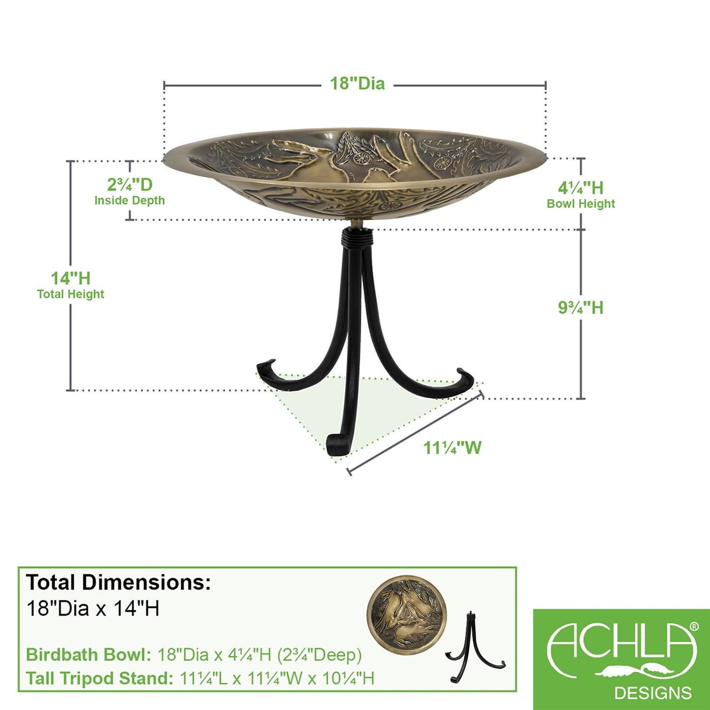 ACHLA Three Hares 18in Birdbath with Tripod Stand | Antique Brass Bowl and Black Wrought Iron Base | Garden & Patio Accent | Model BB-18-TR2