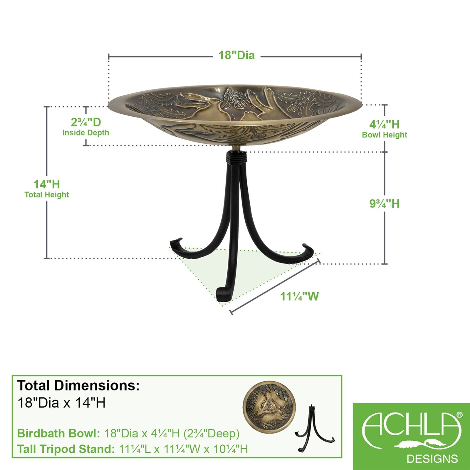 ACHLA Three Hares 18in Birdbath with Tripod Stand | Antique Brass Bowl and Black Wrought Iron Base | Garden & Patio Accent | Model BB-18-TR2