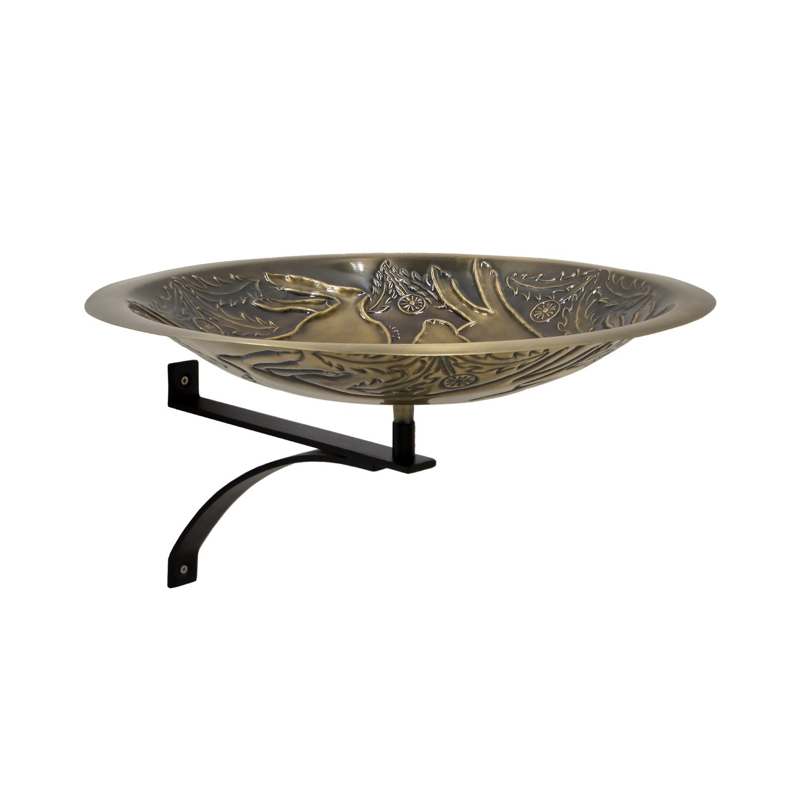 ACHLA Three Hares 18in Birdbath with Wall Mount Bracket | Antique Brass and Black Wrought Iron | Garden Patio & Deck Accent | Model BB-18-WM2