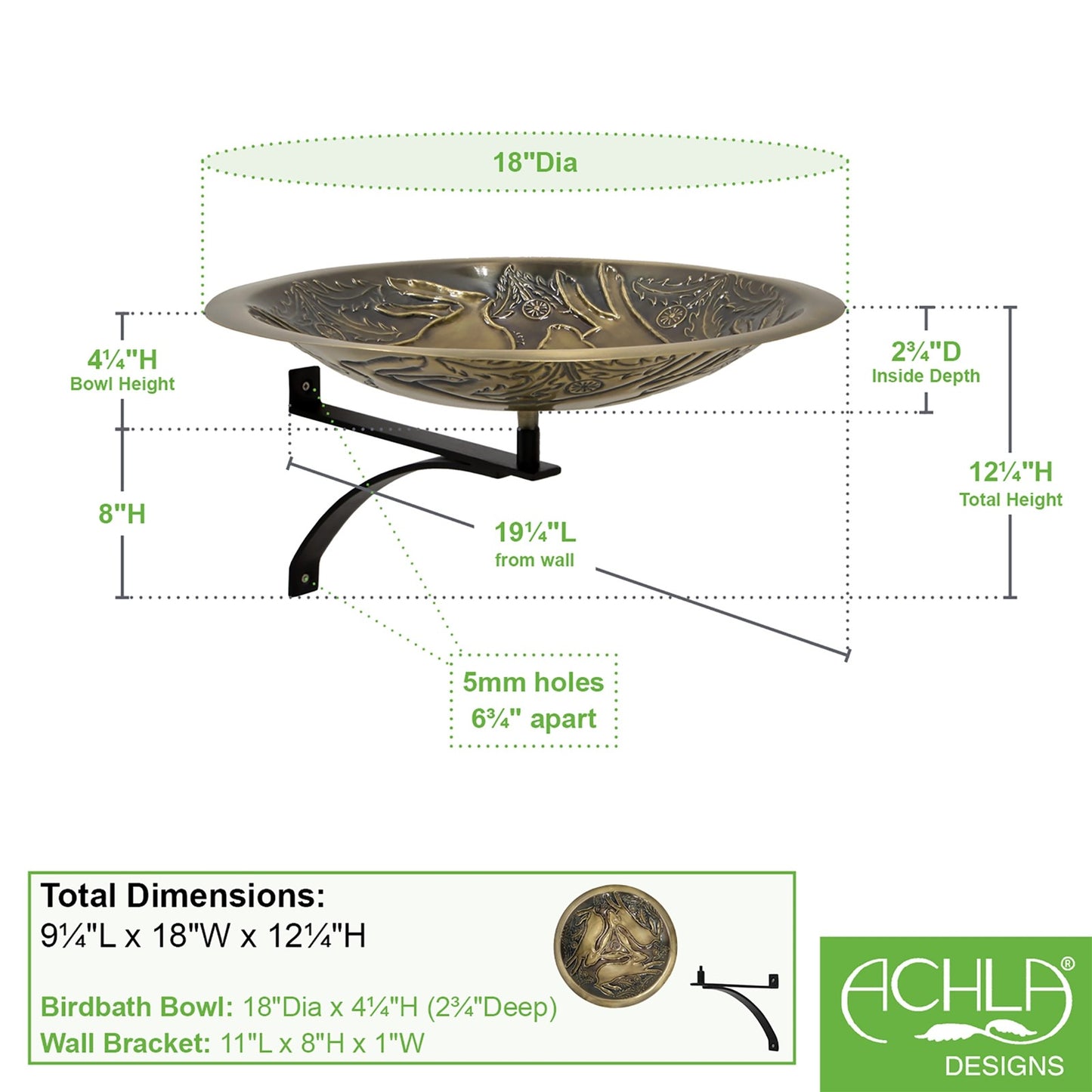 ACHLA Three Hares 18in Birdbath with Wall Mount Bracket | Antique Brass and Black Wrought Iron | Garden Patio & Deck Accent | Model BB-18-WM2