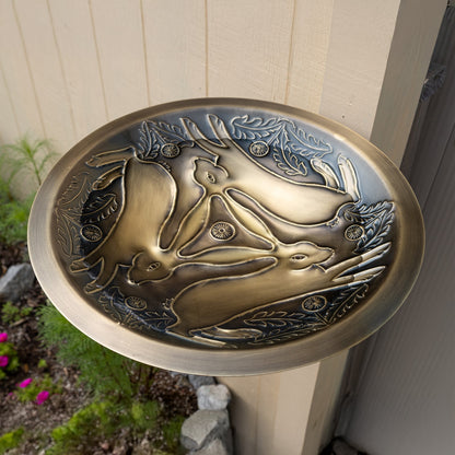 ACHLA Three Hares 18in Birdbath with Wall Mount Bracket | Antique Brass and Black Wrought Iron | Garden Patio & Deck Accent | Model BB-18-WM2
