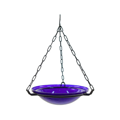 ACHLA Cobalt Blue Hanging Birdbath | Crackled Glass Bowl with Black Wrought Iron Chain | Outdoor Yard & Garden Decor | 12.5in | Model BBH-02CB