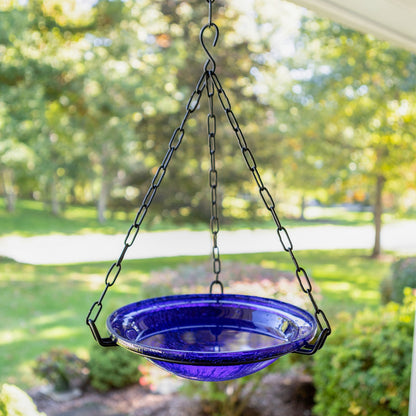 ACHLA Cobalt Blue Hanging Birdbath | Crackled Glass Bowl with Black Wrought Iron Chain | Outdoor Yard & Garden Decor | 12.5in | Model BBH-02CB