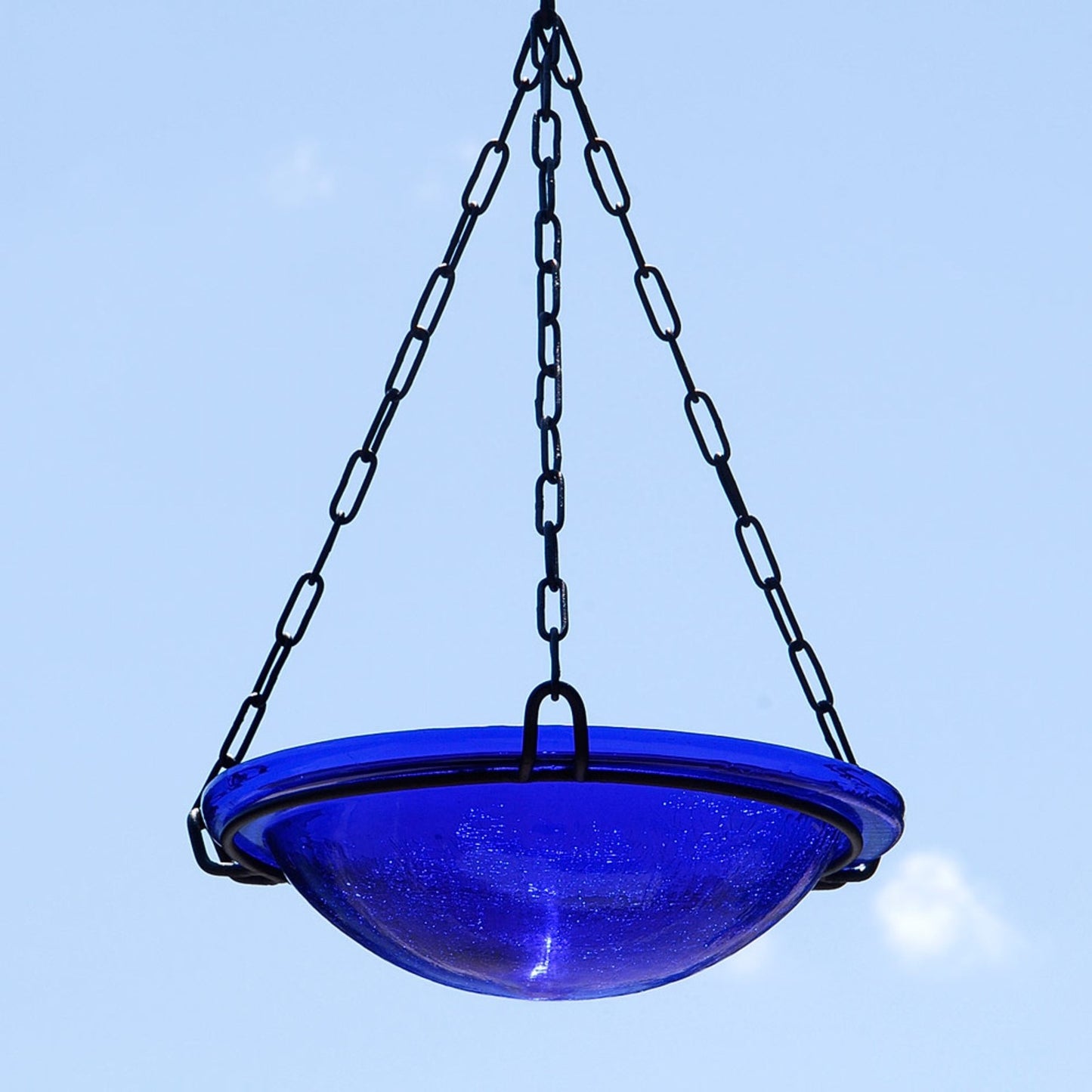 ACHLA Cobalt Blue Hanging Birdbath | Crackled Glass Bowl with Black Wrought Iron Chain | Outdoor Yard & Garden Decor | 12.5in | Model BBH-02CB