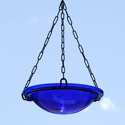 ACHLA Cobalt Blue Hanging Birdbath | Crackled Glass Bowl with Black Wrought Iron Chain | Outdoor Yard & Garden Decor | 12.5in | Model BBH-02CB